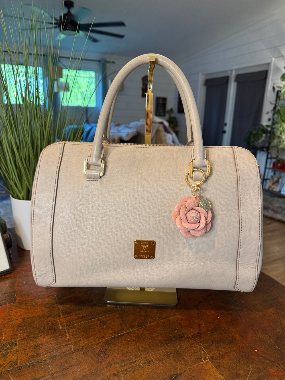 Elegant Cream Women's Satchel with Pink Floral Charm